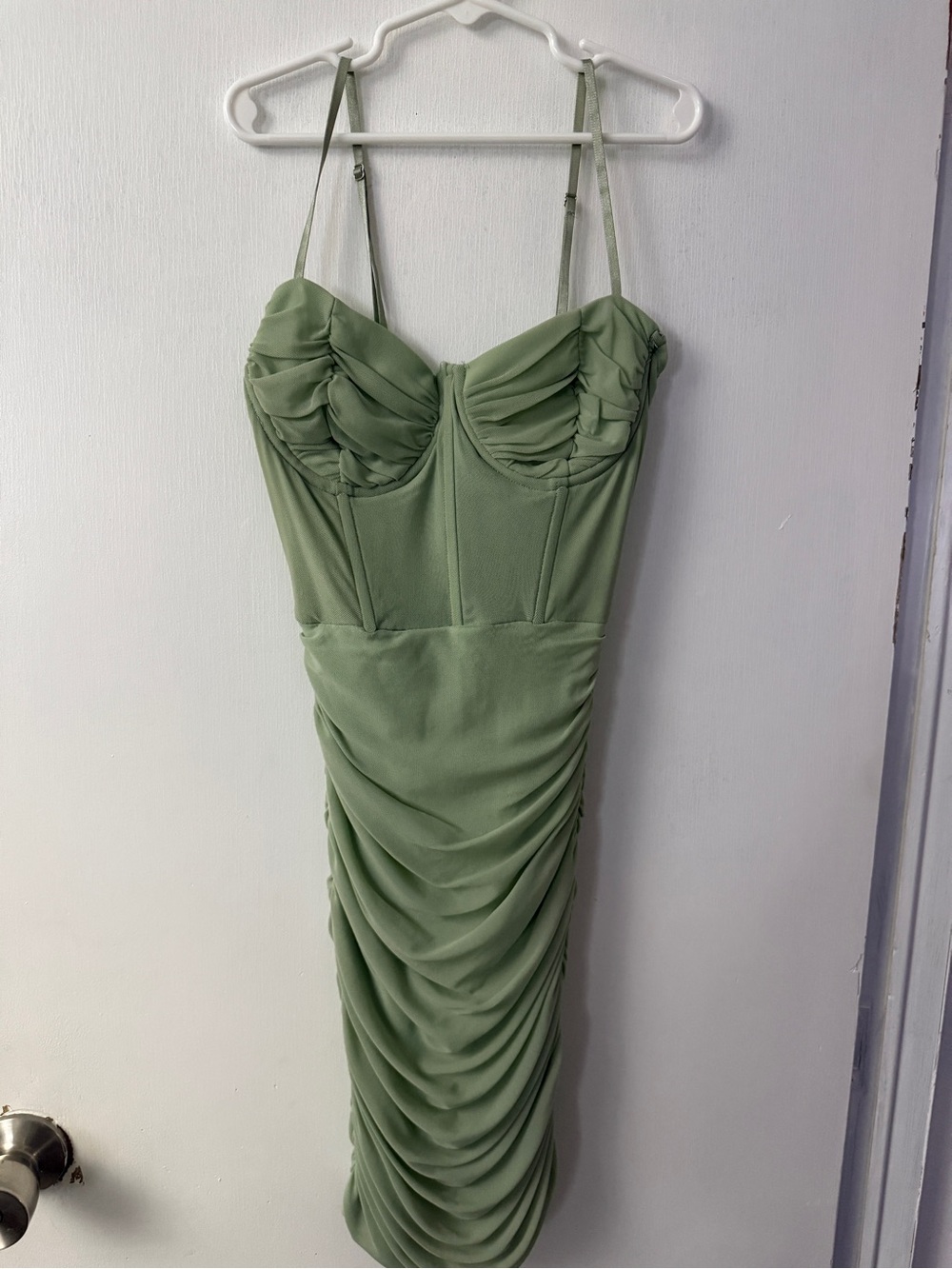 Windsor Sage Green Ruched Bustier Midi Dress